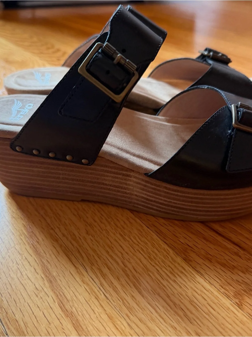 Dansko Black Double-Buckle Wedge Slide Sandals
